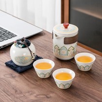典雅单人套装户外陶瓷便携式旅用喝茶具快客杯一壶三杯功夫泡茶壶