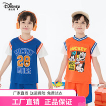 迪士尼米奇童装男童假两件篮球服套装儿童速干两件套男孩网眼夏装
