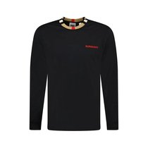 BURBERRY/博柏利 男士黑色棉质格纹圆领红徽标长袖T恤