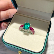 高级感彩宝红宝石撞色方形3克拉实验室培育祖母绿戒指女士绿宝石