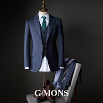 吉约蒙羊毛西服套装男深蓝色商务正装新郎结婚礼服高级感西装外套