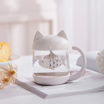 可爱花茶杯猫咪泡茶玻璃杯带盖马克杯透明水杯女生设计感小众杯子