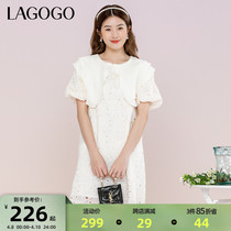 Lagogo拉谷谷白色大翻领直筒裙镂空甜美气质女夏季新款小众连衣裙
