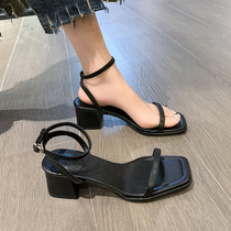 红蜻蜓凉鞋女款夏季2024年新款法式气质方头高级感粗跟黑色一字带