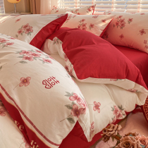 结婚纯棉床上四件套全棉100被套床单被罩红色喜庆床笠三件套床品4