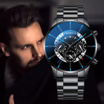 GENEVA男士手表蓝光钢带质感时尚商务个性日历石英假三眼皮带手表