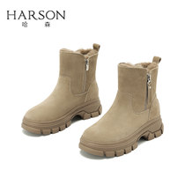 哈森雪地靴女款2024新款冬季保暖短靴休闲加绒加厚棉鞋HFC240168