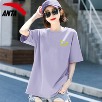 安踏纯棉短袖女士紫色t恤简约设计感宽松透气春季新款圆领半袖女