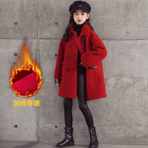 销韩国冬季新款加厚羊羔绒中长款加绒毛呢外套女童拜年服外套大厂