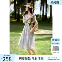 XWI/欣未立体刺绣设计感泡泡袖连衣裙女夏季优雅气质法式方领长裙