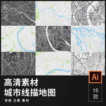 城市地图鸟瞰俯视线描网络道路河流背景装饰画芯打印矢量46,https