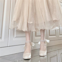 法式高跟鞋玛丽珍女鞋粗跟2023年新款春仙女鞋绸缎婚鞋蝴蝶结单鞋