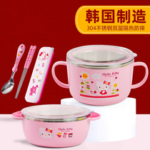 韩国进口凯蒂猫儿童碗不锈钢餐具套装宝宝水杯勺叉汤碗饭碗带盖