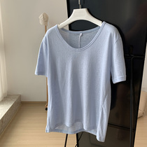 蓝色t恤女夏装短袖2023年新款冰丝透气体恤宽松纯色套头上衣薄款