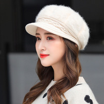 兔毛保暖帽女时尚 冬天户外护耳加绒双层妈妈帽子 韩版针织短檐帽