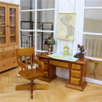 1:12娃娃屋迷你家具木制复古书房场景书桌办公桌电脑桌写字台椅子