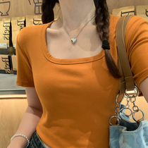 正肩方领短袖t恤女夏季2024年新款爆款白色内搭修身上衣橘色半袖