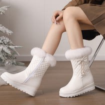 冬季厚底雪地靴内增高靴加厚加绒短筒靴黑白色冬靴冬天高跟中靴女