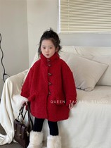 新年款韩版冬季新品女童纯色长款毛毛棉衣宝宝洋气厚实单排扣大衣
