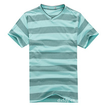 A145浅绿色专柜正品时尚男装/夏季男款条纹V领男短袖T恤