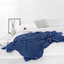 京造 华夫格盖毯蓝色 蜂巢结构空调被 纯棉沙发被 蓬松毛巾被毛毯