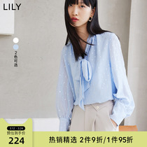 LILY2023春新款女装气质纯色浪漫飘带别致温柔舒适宽松垂感雪纺衫