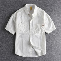 高支细腻匹马棉工装白衬衣短袖衬衫男士夏季薄款宽松外套男五分绣
