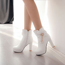 新款秋冬短靴女白色高跟粗跟马丁靴女鞋侧拉链单靴加绒保暖女靴子
