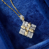 18K白金方形双色拉丝花吊坠项链天然钻石奢华群镶40分菱形满钻