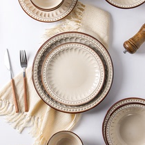 美式复古碗碟套装家用创意饭碗平盘菜盘子欧式陶瓷西餐盘餐具微瑕