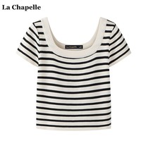 拉夏贝尔/La Chapelle法式U领针织短袖上衣女夏季薄款显瘦条纹T恤