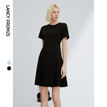 朗姿三醋酸高级感显瘦气质短裙法式中长款收腰黑色连衣裙夏季新款