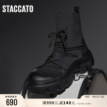 思加图冬季新款黑色弹力靴袜靴短靴瘦瘦靴厚底女靴子ESF02DD3