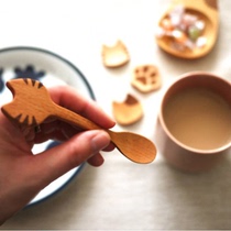日本进口可爱猫咪小木勺叉子咖啡勺原木无漆创意小汤匙蜂蜜搅拌勺