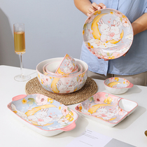 釉下彩可爱萌兔陶瓷碗盘勺筷餐具组合套装家用卡通菜盘子饭碗汤碗