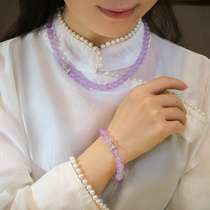 黛玥纯银镶天然玉石粉紫珠链玛瑙玉髓颈链媲美阳绿翡翠手链套装女