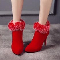 冬季绒面女靴红色婚鞋保暖大码40 41 42 43高跟短靴细跟尖头44-45