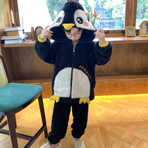 小男孩企鹅法兰绒3-4-5-6-7-8-9-11-12岁儿童睡衣男童冬季加厚套