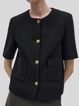 Massimo dutti女装 小香风短款开衫外套黑色圆领纹理短袖上衣女春