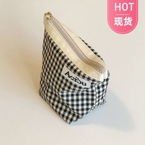 ins韩国小众设计师帆布mini格纹手拿包零钱包便携化妆包收纳包潮