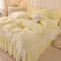 韩式公主风床裙款四件套蕾丝被套少女心全纯色床单水洗棉床上用品