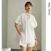 薇拉慕丝中国风刺绣镂空套装2022年夏季新款盘扣衬衫短裤两件套女