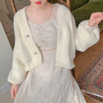 小个子针织开衫女厚秋冬新款很仙的短款慵懒风白色水貂绒毛衣外套