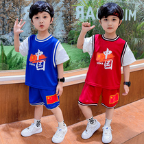 儿童篮球服假两件套装男童训练服中国红小孩夏季短袖运动服薄款鑫