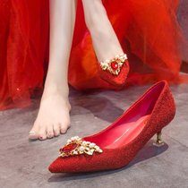 红色秀禾鞋婚鞋2021年新款冬季高跟鞋女细跟水钻珍珠中式新娘鞋