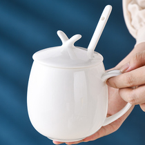 白色骨瓷胖肚牛奶杯早餐杯微波炉釉下彩马克杯陶瓷带盖勺咖啡杯