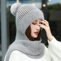 冬天兔毛针织帽子女秋冬季韩版贝雷帽百搭加绒保暖围巾一体毛线帽
