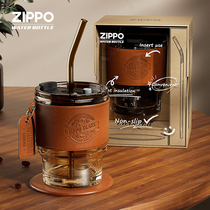 Zippo玻璃水杯女带吸管咖啡杯ins风夏季便携办公室美式复古随行杯