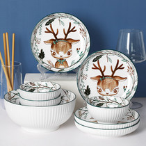 卡通陶瓷碗盘套装 家用日式碗碟创意可爱小鹿碗盘子菜盘学生餐具