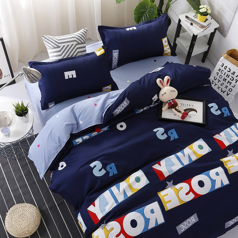 蓝色个性送毛毯枕套可爱全棉情侣被套简约床单三件套床上用品